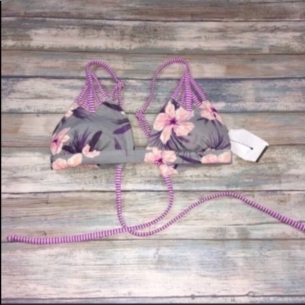 Xhilaration Grey Floral Bikini Top Small Strappy Triangle Bralette Swim Top - Picture 2 of 4